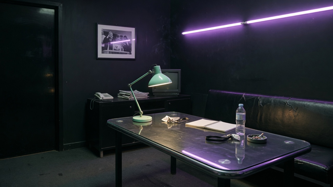 Low lounge light over a glass night desk